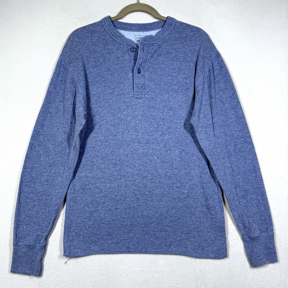 LL Bean River Driver Henley Shirt Mens Small Blue Wool Blend Thermal Two Layer